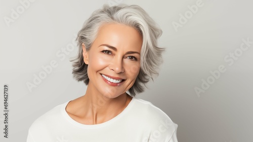Portrait of adult woman with smooth healthy face skin and grey hair