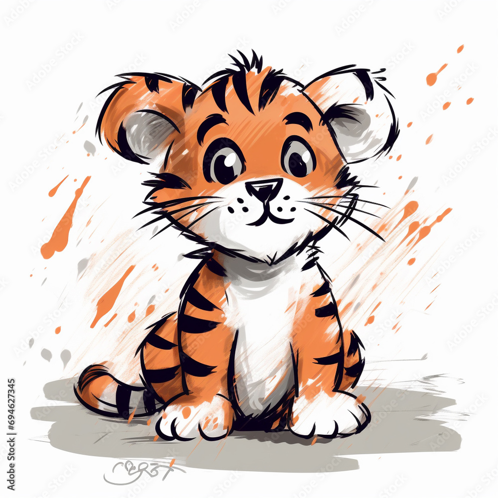 Messy art line sketch of a cute, modern baby Tiger cartoon illustration