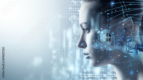 Artificial intelligence robot, face of robot woman with technology graphic photo