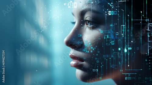 Artificial intelligence robot, face of robot woman with technology graphic