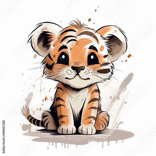 Messy art line sketch of a cute  modern baby Tiger cartoon illustration