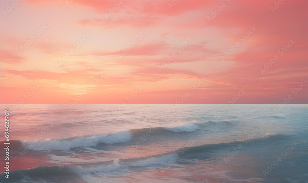 A pink sky over the ocean and waves,Generative AI