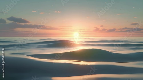 Minimal animation of a calm ocean with gentle waves and a serene sunset, creating a peaceful and meditative atmosphere. photo