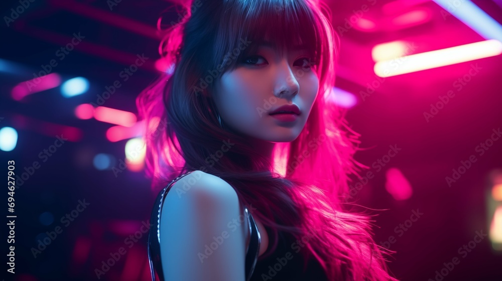 Asian Girl in Club Spotlight: Captivating Scene of Youthful Energy under Night Club's Violet and Blue Laser Lights