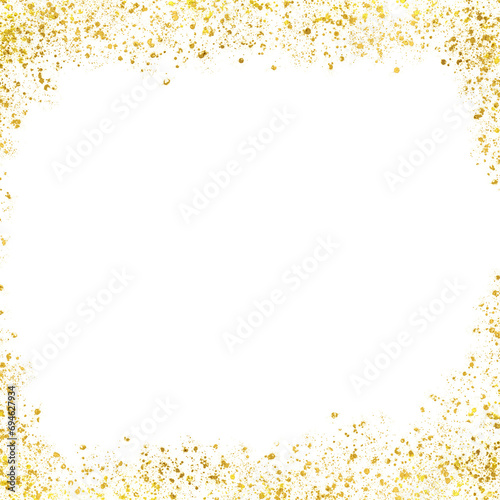 Gold decorative frame, gold splatter glitter or confetti for a festive holiday page decoration, metallic paint splatter effect