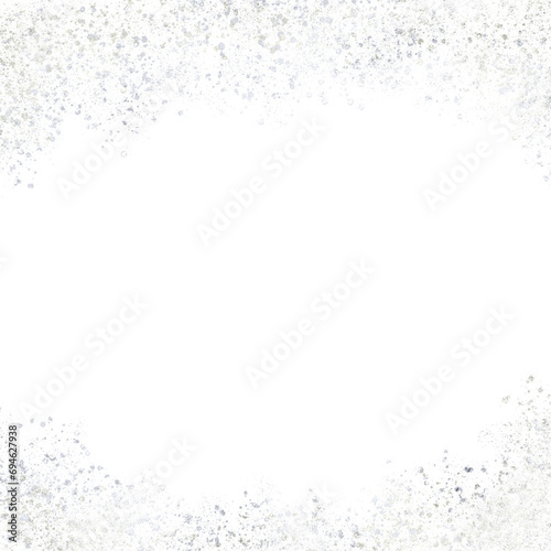 Silver snow decorative frame, gold splatter glitter or confetti for a festive holiday page decoration, metallic paint splatter effect