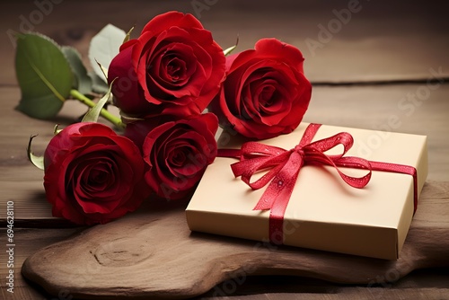 red rose and gift box on wooden background