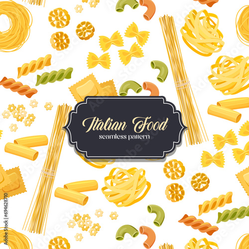 The seamless pattern with different types of italian pasta