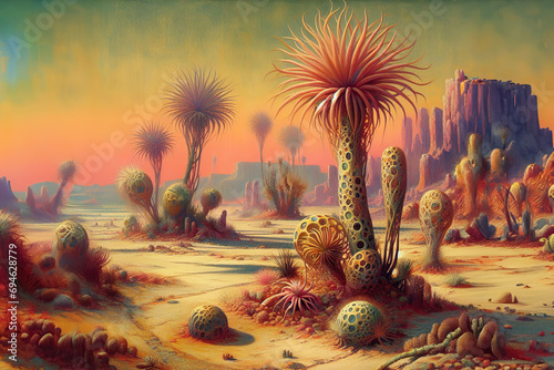 Strange desert landscape with extraterrestrial plants
