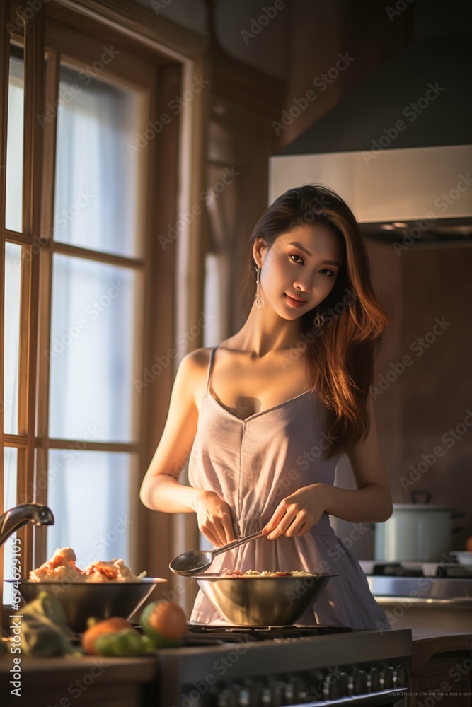 Asian woman in white is preparing food, cook with stove in kitchen