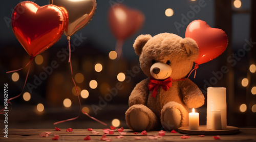 A brown teddy bear doll sitting with a loving expression on a wooden floor decorated with candles and heart balloons and a soft bokeh background.
