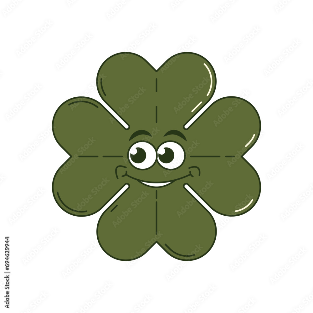 Happy Saint Patricks Day retro sticker. Funky groovy cartoon character clover with four leaf. Vintage funny mascot patch psychedelic smile and emotion. Comic trendy vector illustration Happy Saint Patricks Day retro sticker. Funky groovy cartoon character clover with four leaf. Vintage funny mascot patch psychedelic smile and emotion. Comic trendy vector illustration