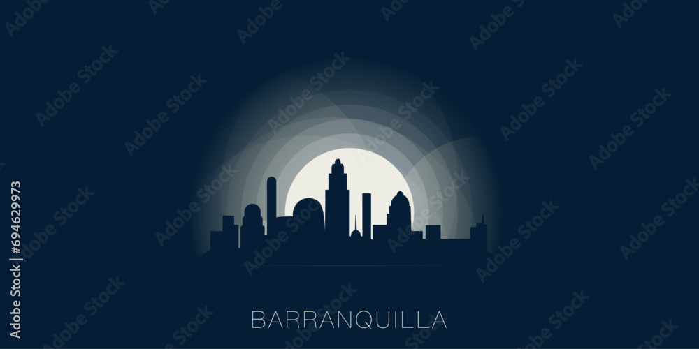 Barranquilla cityscape skyline city panorama vector flat modern banner illustration. Colombia region emblem idea with landmarks and building silhouettes at sunrise sunset night