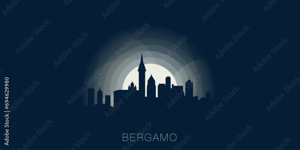 Bergamo cityscape skyline city panorama vector flat modern banner illustration. Italy region emblem idea with landmarks and building silhouettes at sunrise sunset night