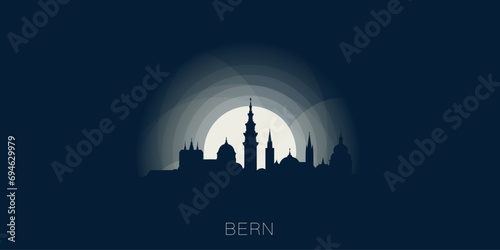 Bern cityscape skyline city panorama vector flat modern banner illustration. Switzerland region town emblem idea with landmarks and building silhouettes at sunrise sunset night