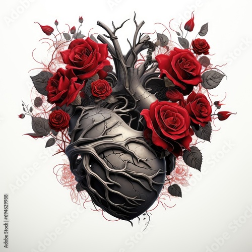 anatomical black heart with roses on white background photo
