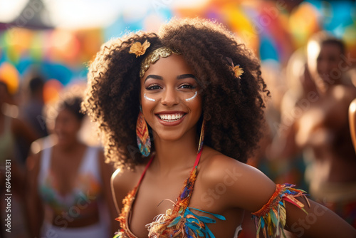 Brazil carnival beautiful smile happy dress dancer in front of crowd