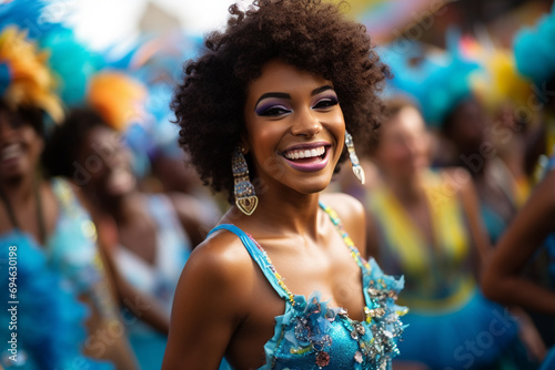 Brazil carnival beautiful smile happy dress dancer in front of crowd