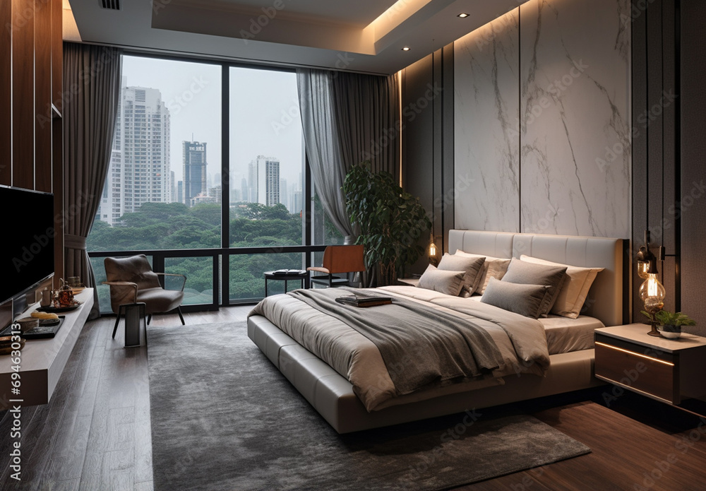 Obraz premium In this new, modern bedroom within a home, the view outside the window presents a lush natural scene with trees, evoking a sense of relaxation and rejuvenation. Generative AI.