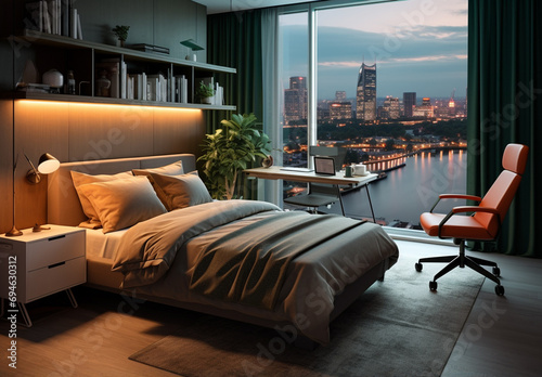 A luxurious modern bedroom, designed with a blend of contemporary minimalism and modern style, offers an exquisite ambiance under the twilight and night. Generative AI. photo