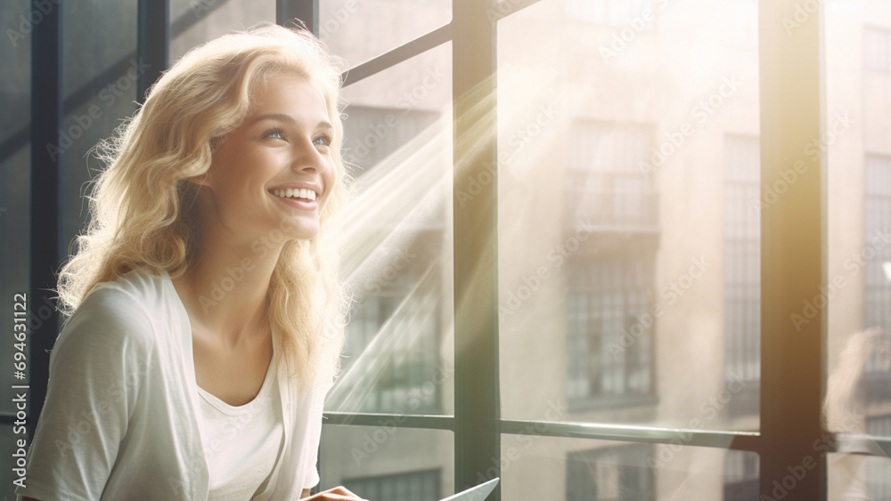 Radiant and confident, a blonde beauty with captivating hair smiles, embodying the essence of joy and elegance. Generative AI. Radiant and confident, a blonde beauty with captivating hair smiles, embodying the essence of joy and elegance. Generative AI.