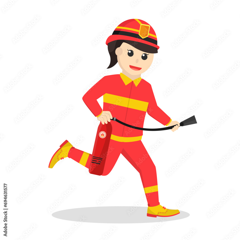 Obraz premium firefighter woman run and holding fire.tube