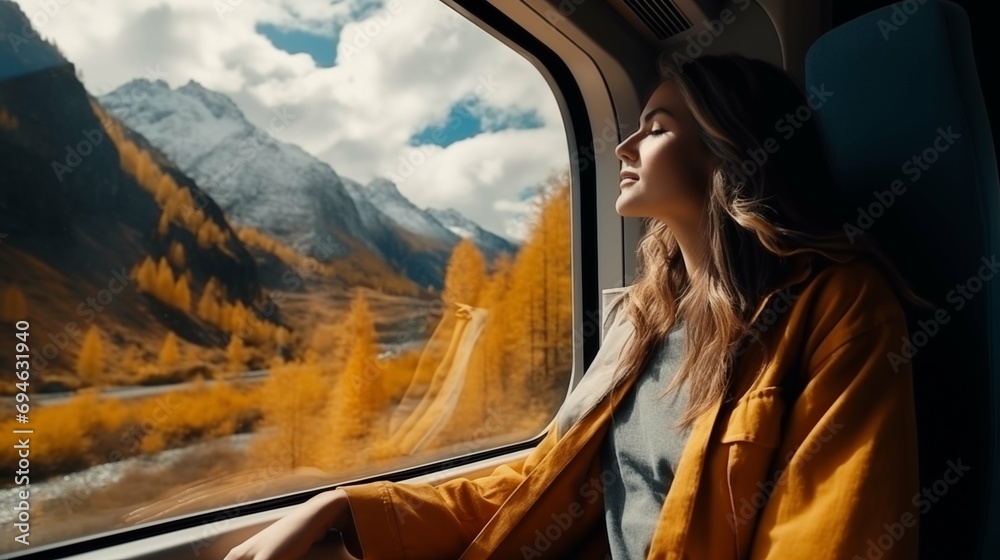  Woman Relaxing with Scenic View from a Train Window