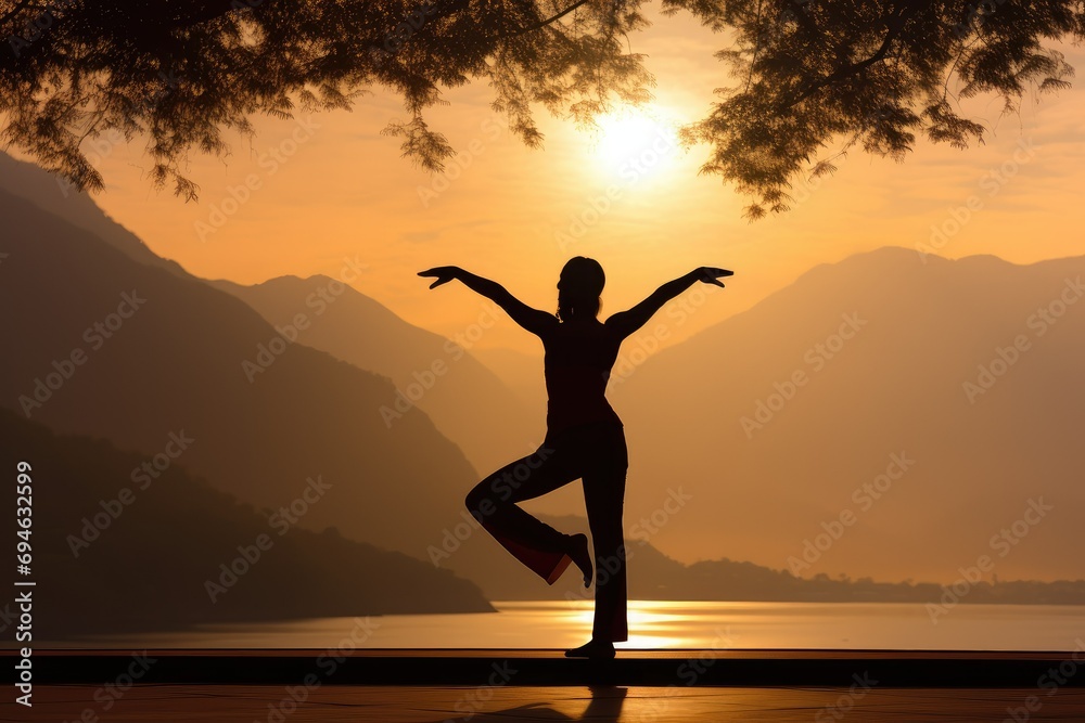 Meditation concept, Silhouette of young woman practicing yoga on the beach at sunrise, Inspiring Sunrise Yoga, Young Woman Meditating By Peaceful Sea Meditation concept, Silhouette of young woman practicing yoga on the beach at sunrise, Inspiring Sunrise Yoga, Young Woman Meditating By Peaceful Sea