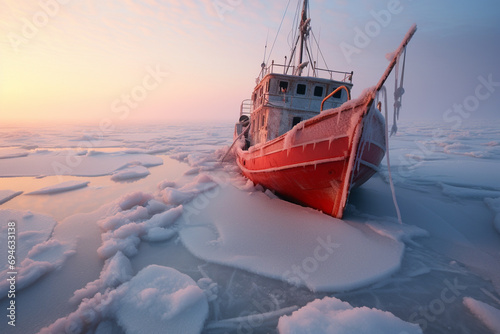A stranded vessel trapped in frozen ice
