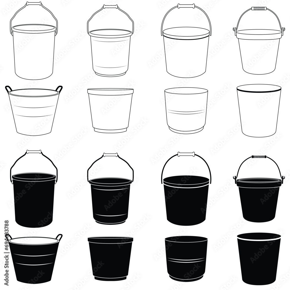 Set of bucket line art and silhouette Set of bucket line art and silhouette