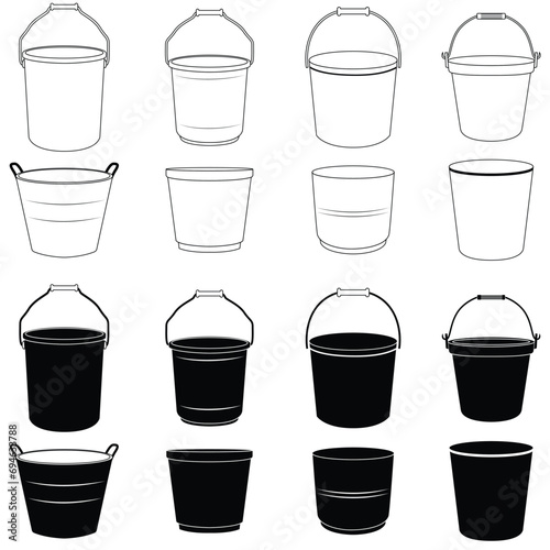 Set of bucket line art and silhouette