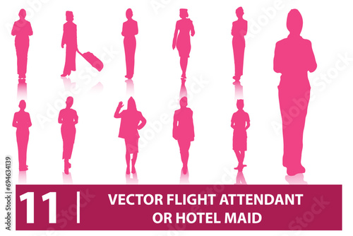 vector set of silhouettes of a flight attendant. hotel maids. marketing woman posing. stylish. stand. perfect for aviation and travel design elements.