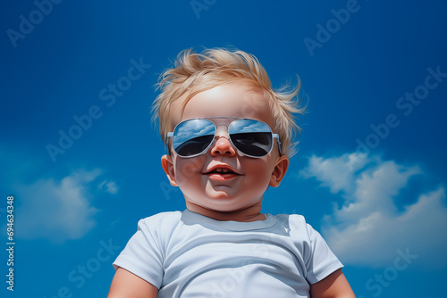 Happy blonde baby wearing sunglasses on a sunny day with the sky in the background