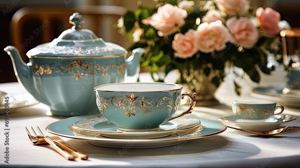 Elegant porcelain dinner set. Luxury ceramics tableware setting - obrazy, fototapety, plakaty 