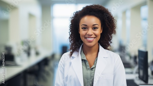 Doctor woman in white lab coat , smile and look at the camera photo