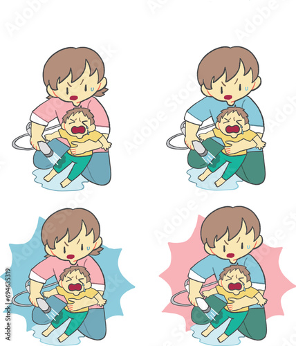火傷をした子どもに水をかけて応急処置をするお母さん_お父さん　まとめ　セット