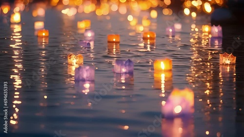 Closeup of the lanterns being released onto the water, their colorful reflections creating a picturesque view. photo