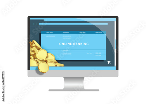 Gold coins or dollar coins are stacked in front of LCD computer screen that contains templates of online financial transactions or online banking for internet banking design