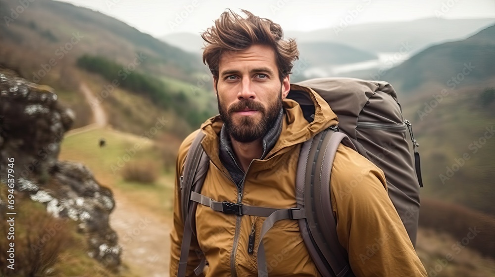 Man Hiking in Mountain: Adventurous Solo Traveler Trekking on Rugged Trail with Scenic Nature Views Man Hiking in Mountain: Adventurous Solo Traveler Trekking on Rugged Trail with Scenic Nature Views
