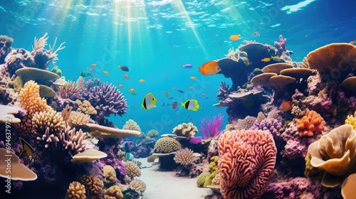 Tropical sea underwater fishes on coral reef. Aquarium oceanarium wildlife colorful marine panorama landscape nature snorkel diving Generative Ai photo