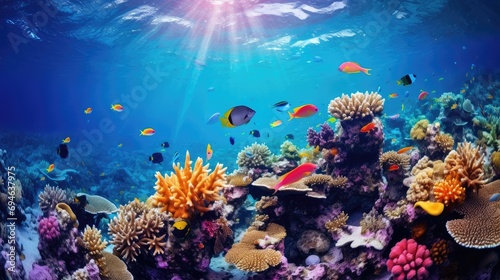Tropical sea underwater fishes on coral reef. Aquarium oceanarium wildlife colorful marine panorama landscape nature snorkel diving Generative Ai © Nisa