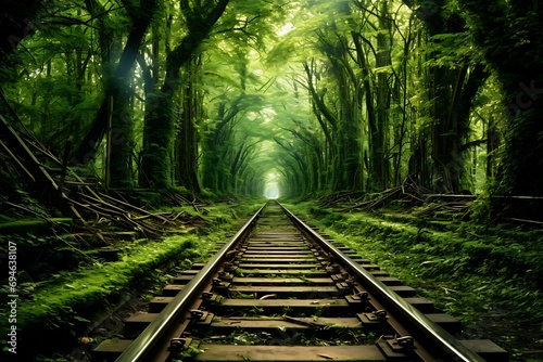 Railroad tracks winding through a green forest © Ainur