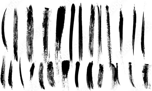 set Abstract black long textured strokes of paint, set brush strokes, Vector drawing clear black smears thick ink on white paper photo