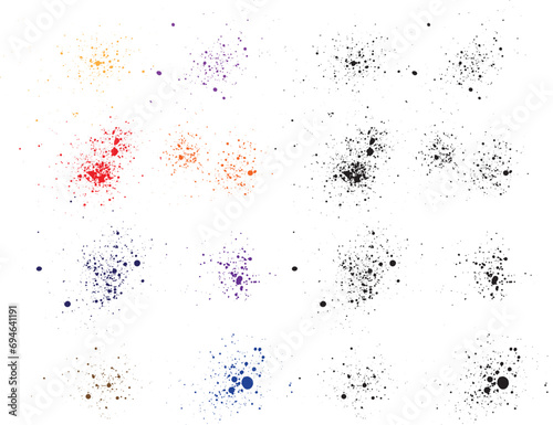 Vector isolated splatter background set. Black red orange green yellow blue purple pink wheat color grunge texture set. Black liquid scribble scraw splatter vector background set