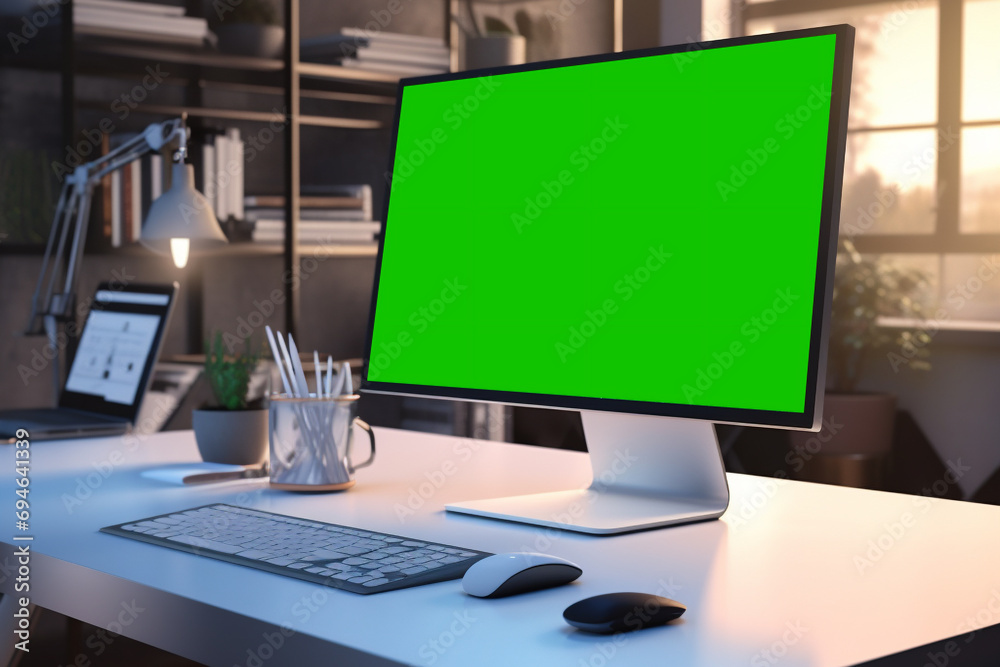 work desk with green screen monitor work desk with green screen monitor