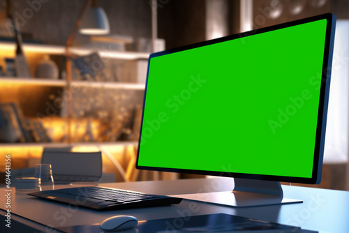 work desk with green screen monitor photo