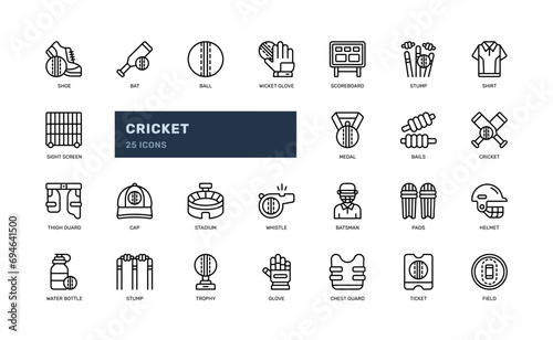 cricket sport game competition detailed outline line icon set