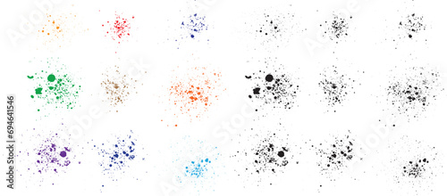 Handmade artistic black brush stroke ink splatter set. Black red orange green yellow blue purple pink wheat color grunge texture set. Hand drawing splatter black paint isolated background photo