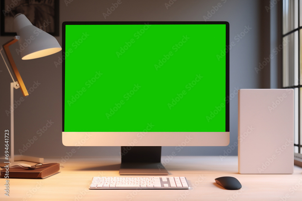 work desk with green screen monitor work desk with green screen monitor