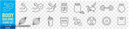 Protein, Gym, Bodybuilding, Fitness, Health, Muscle editable stroke icons set collection vector